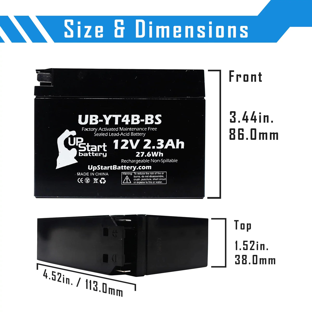 2-Pack UpStart Battery Replacement 2006 Yamaha SR400 400CC Factory Activated, Maintenance Free, Motorcycle Battery - 12V, 2.3Ah, UB-YT4B-BS