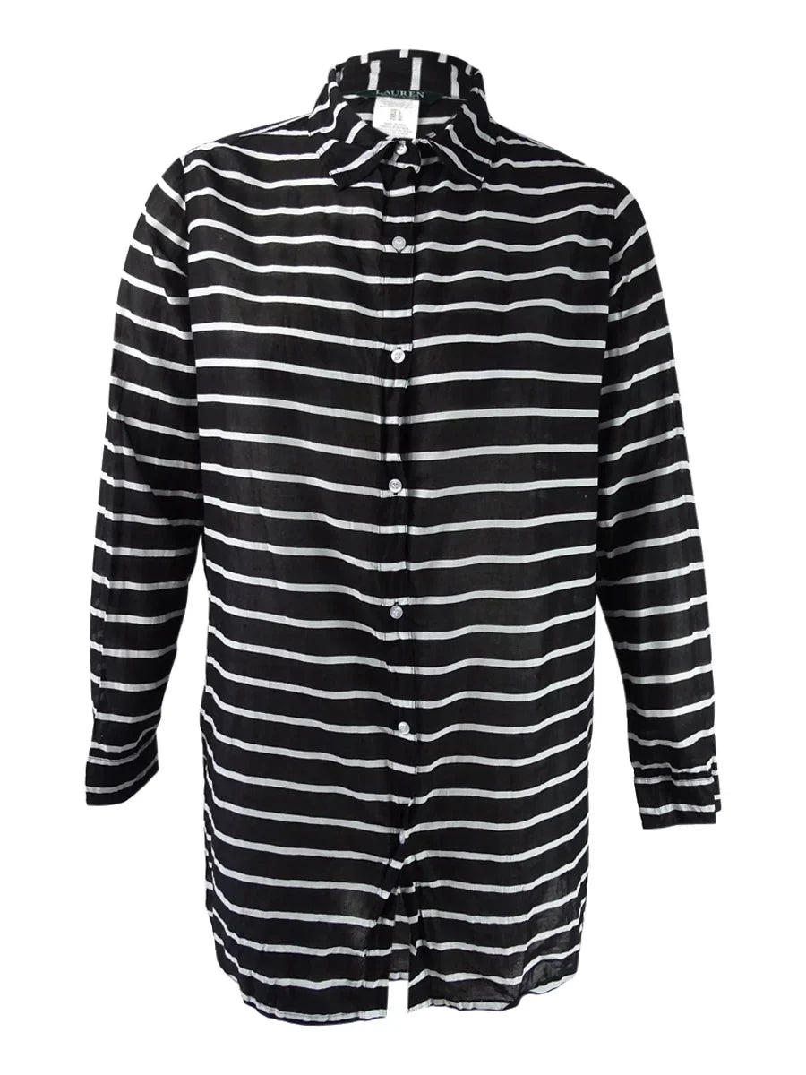Lauren Ralph Lauren Women's Striped Camp Shirt protector-Up (Black/White, XS)