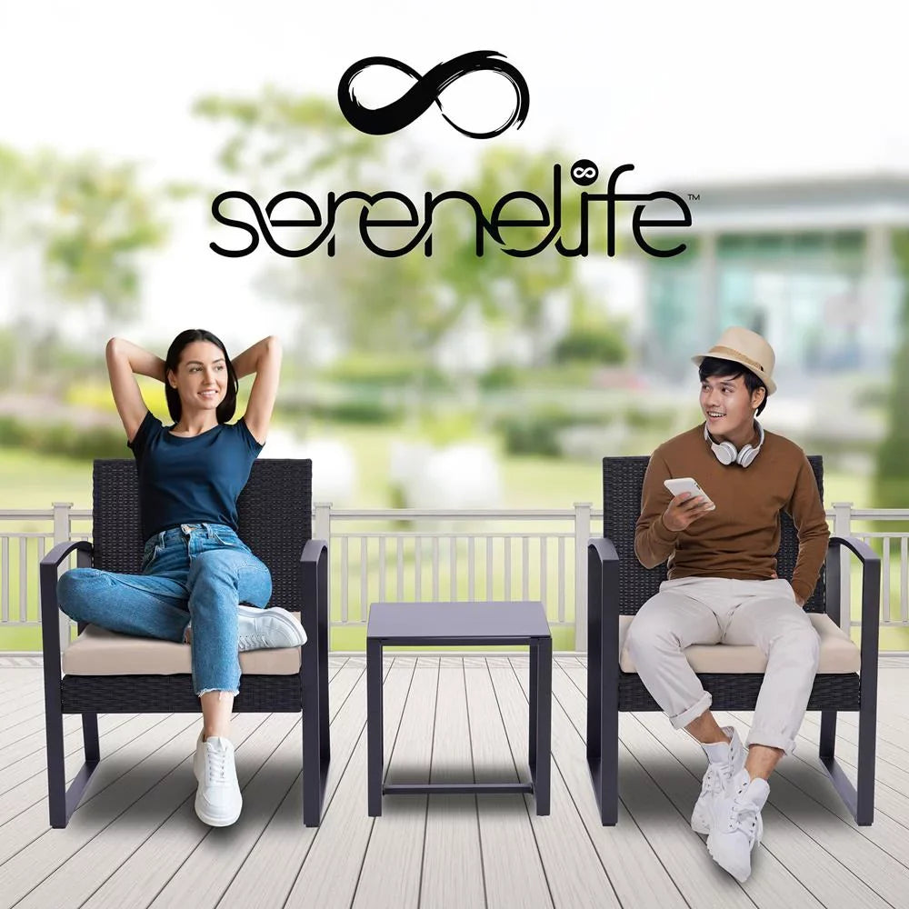 Per Set-Includes 2 Single Chairs & 1 Coffee Table, Brown. SereneLife Patio Outdoor Furniture, 3 Pcs