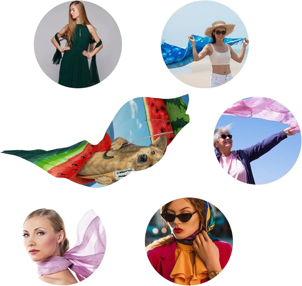 Hyjoy Dog On Watermelon Inflatable Circle Long Silk Neck Scarf Lightweight Shawl Wrap Scarves for Women Girls