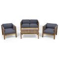 GDF Studio Charlotte Outdoor Acacia Wood and Rope 4 Seater Chat Set with Cushions, Teak and Gray
