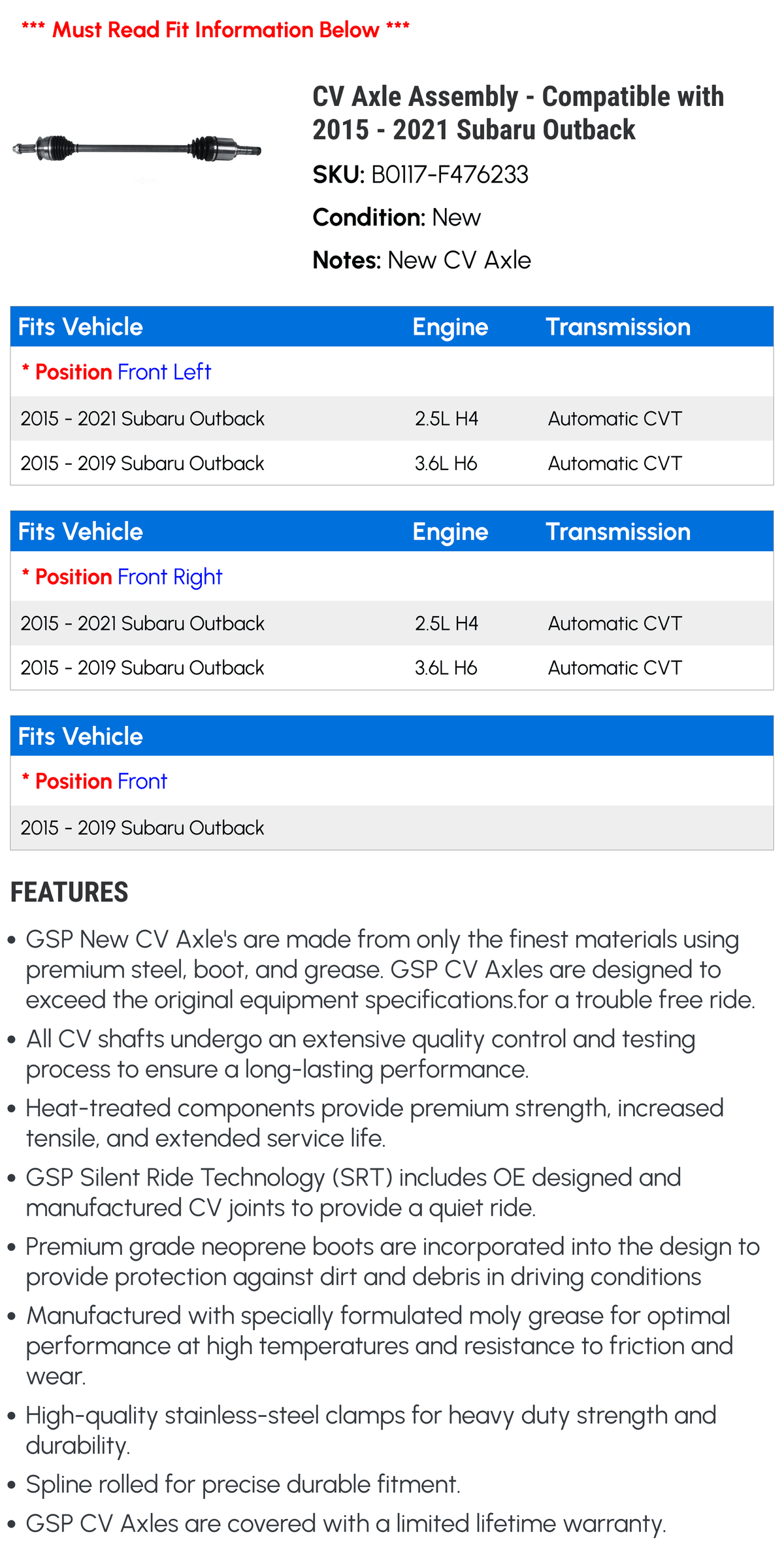 CV Axle Assembly - appropriate with 2015 - 2021 Subaru Outback 2016 2017 2018 2019