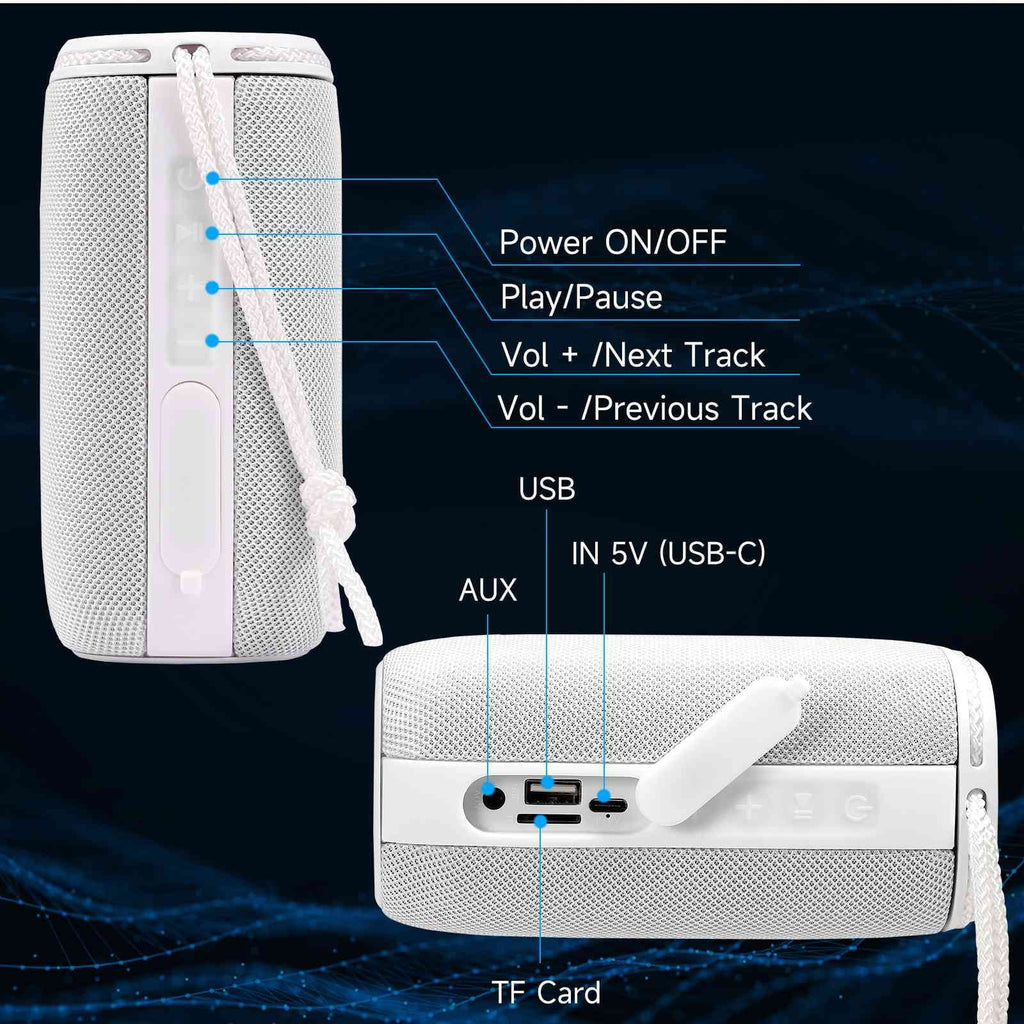 UrbanX Scorpio Series Bluetooth Speaker, IPX5 Waterproof Speakers 360° HD Surround Sound with Punchy Bass, True Wireless Pairing, BT5.3, Portable Speaker for  Q51 - White