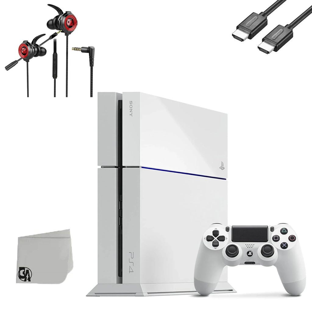 PlayStation 4 Original 500GB Matte White Gaming Console + Gaming Earbuds With Microphone BOLT AXTION Bundle Like New