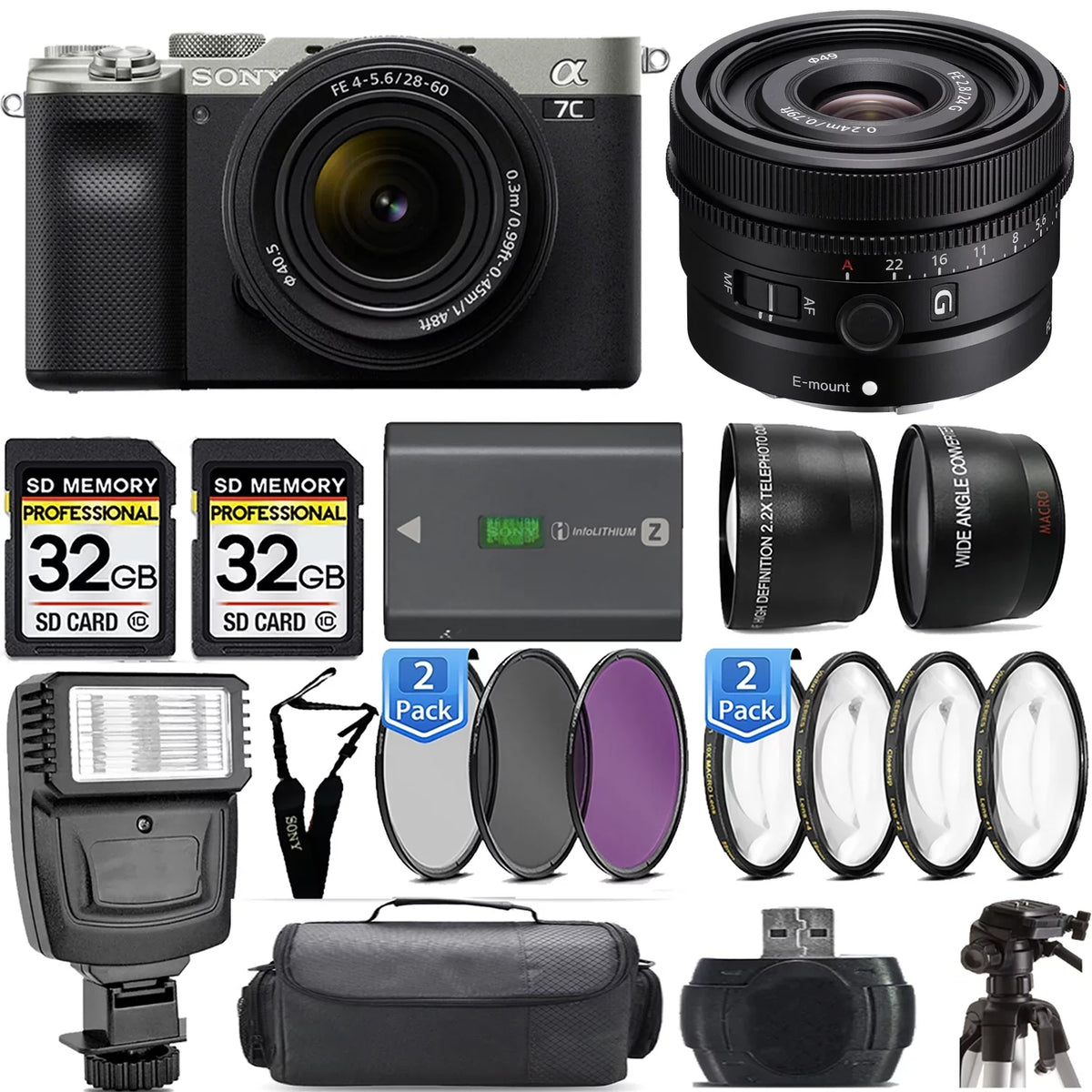 a7C Mirrorless Camera (Silver) with 28-60mm Lens+24mm f/2.8 G Lens +Flash- Kit