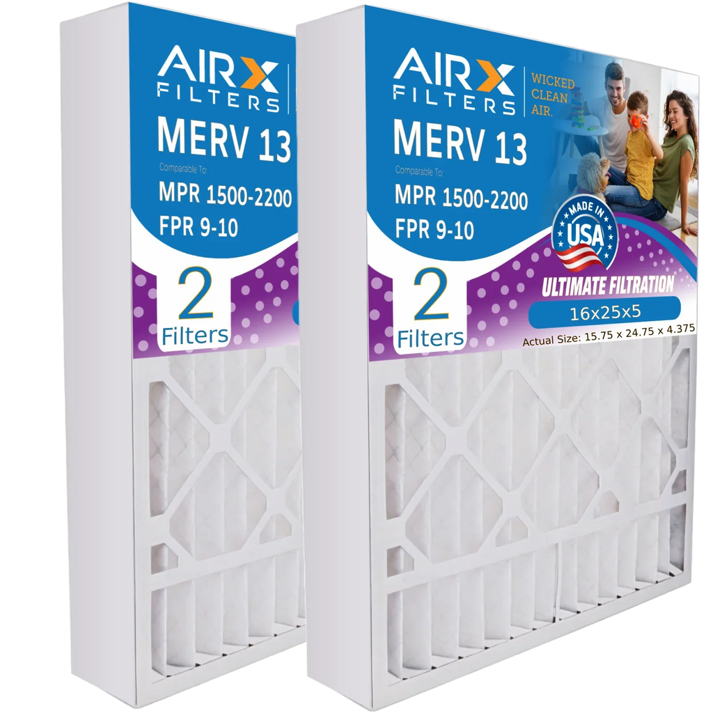 16x25x5 Air Filter MERV 13 Comparable to MPR 1500 - 2200 & FPR 9 appropriate with Bryant Carrier FILXXCAR0016 Premium USA Made 16x25x5 Furnace Filter 2 Pack by AIRX FILTERS WICKED CLEAN AIR.