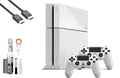 PlayStation 4 500GB Gaming Console White HDMI Cable 2 Controller with BOLT AXTION Cleaning Kit Bundle Like New