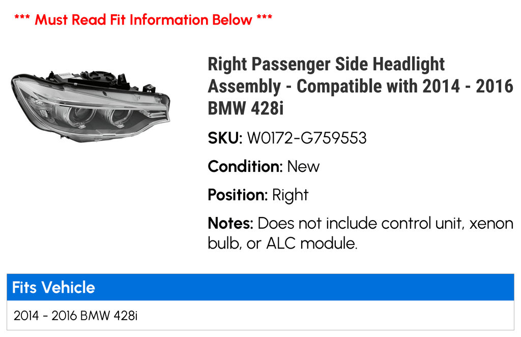 Right Passenger Side Bi-Xenon Adaptive Headlight Assembly - appropriate with 2014 - 2016  428i 2015