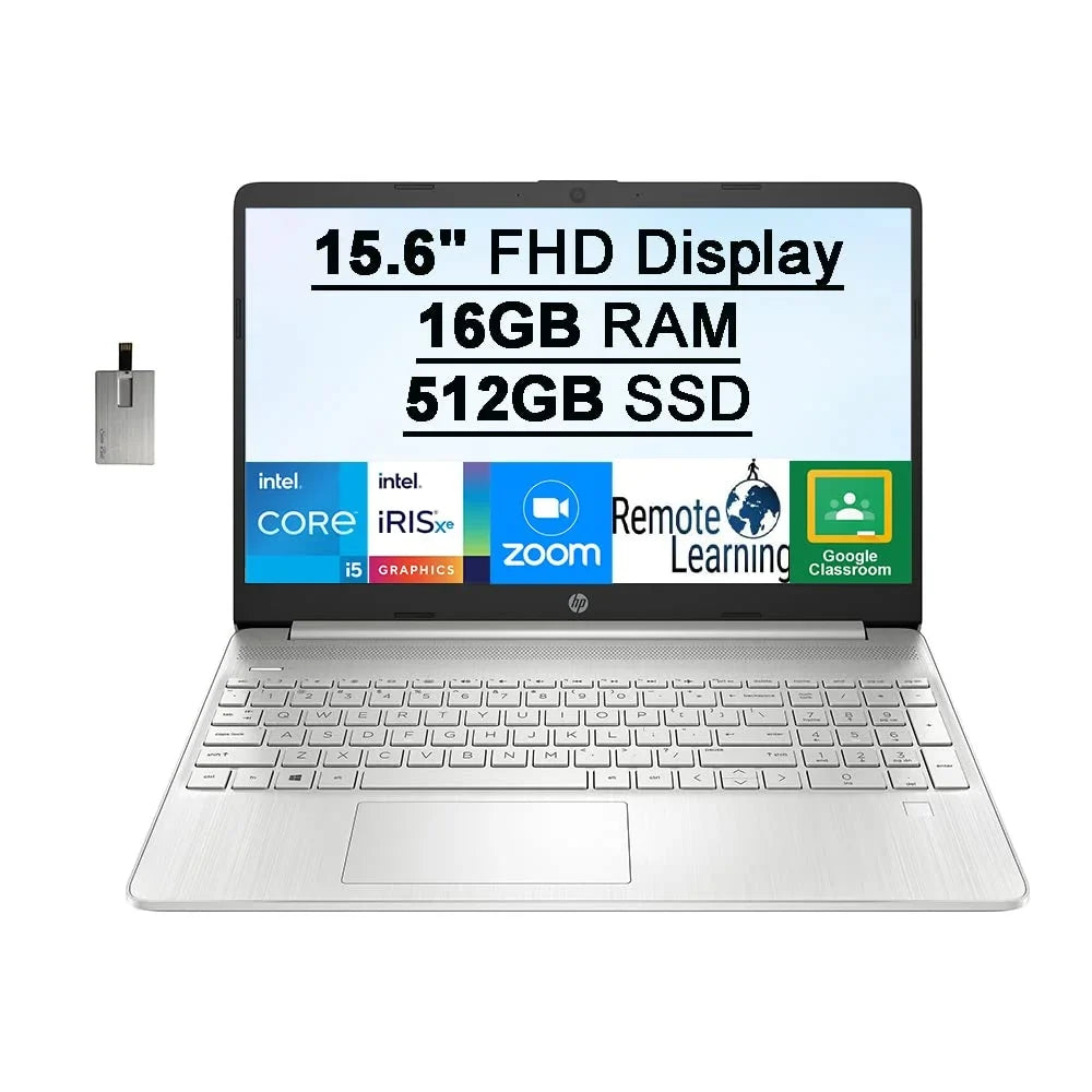 2021 15.6" FHD IPS Laptop Computer,  Core i5-1135G7(Beats i7-1065G7), 16GB RAM, 512GB PCIe SSD,  Iris Xe Graphics, HD Webcam, HD Audio, Fingerprint, HDMI, Win 10S, Silver, 32GB USB Card