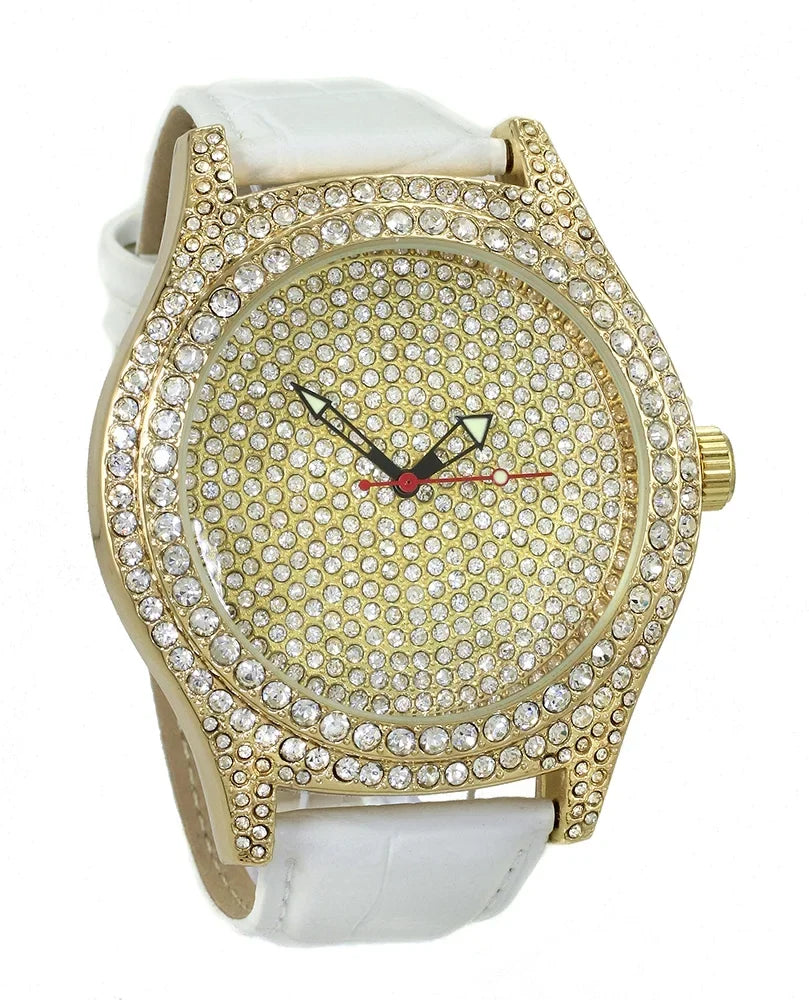 Gold Tone Ice Out Clubbing Watch, Cubic Zirconia White Leather Strap 50x60 Case