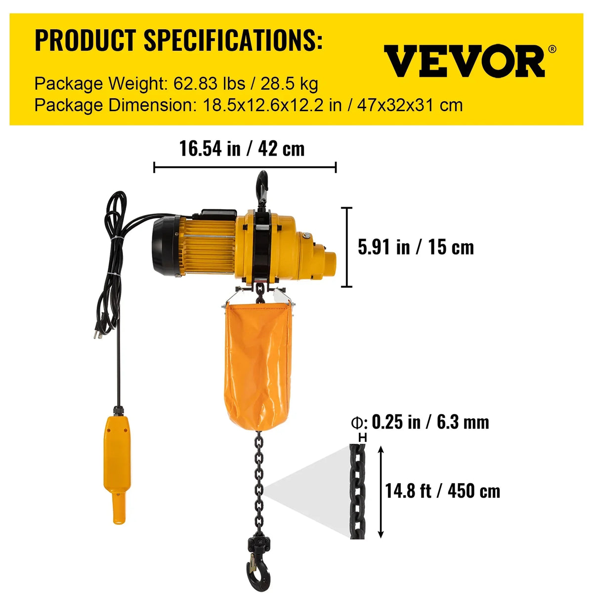 VEVOR Lift Electric Hoist, 1100 lbs Electric Winch w/ 10ft Wired Remote Control, 110V Overhead Crane Garage Ceiling Pulley Winch of 14.8ft Lift Height, Used In Factories, Warehouses, Construction