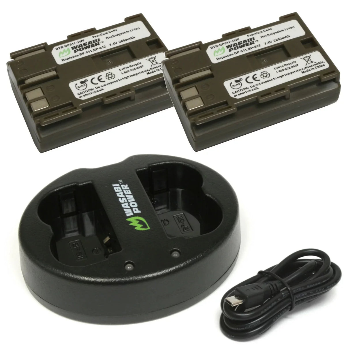 Wasabi Power Battery (2-Pack) and Dual Charger for  BP-511, BP-511A, BP-512, BP-514