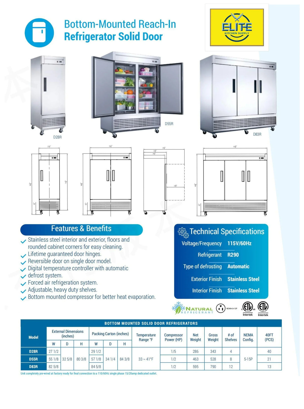 ft.. Commercial Upright Reach-In Three Door Refrigerator in Stainless Steel 64.8 Cu. 83 in