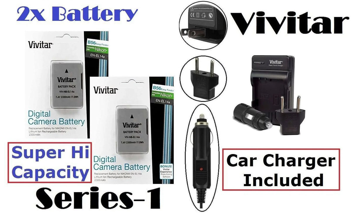 Super Hi Vivitar 2-Pc 2300 mAh EN-EL14a Li-Ion Battery & Charger For  D3400