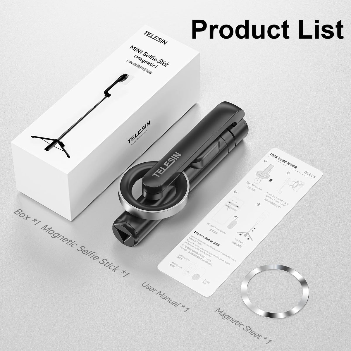 TELESIN Magnetic Selfie Stick with Remote Control for , 27.1 inch Tripod,  Rotation