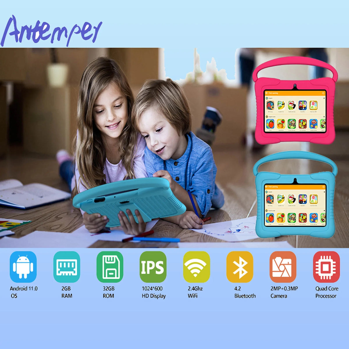 Antemper Kids Tablet,7 inch Tablet,32GB ROM Storage,Kids Learning Tablet,Toddler Android 11 Tablet with Bluetooth,Wifi,Parental Control,Dual Camera,Google Play,Youtube Netflix Hulu,Blue