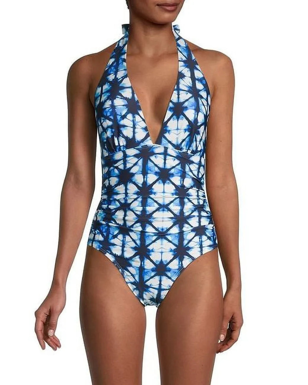 TOMMY HILFIGER Women's Navy Acid Wash Deep V Neck Shirred Halter One Piece Swimsuit 8