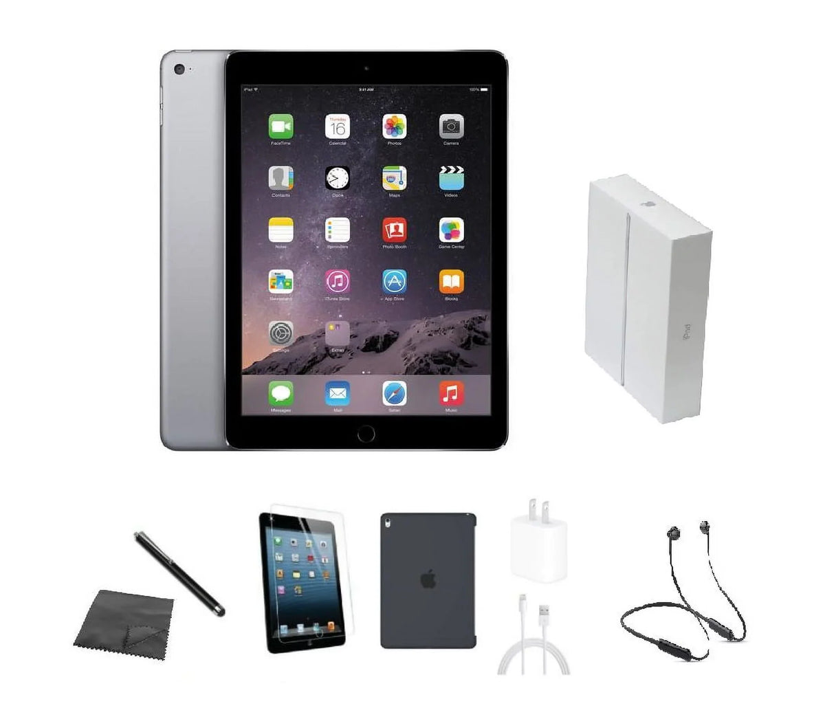 Restored  iPad Air 2 A1566 (WiFi) 16GB Space Gray Bundle w/ Case, Box, Bluetooth Headset, Tempered Glass, Stylus, Charger (Refurbished)
