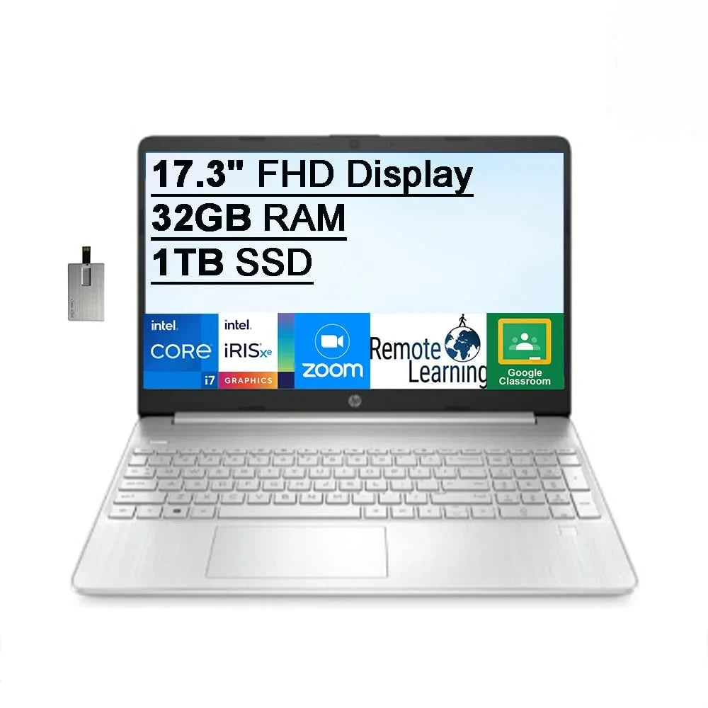 2021 17.3" FHD IPS Laptop Computer, 11th Generation  Core i7-1165G7, 32GB RAM, 1TB PCIe SSD, Backlit Keyboard,  Iris Xe Graphics, HD Webcam, HD Audio, Windows OS, Silver, 32GB USB Card