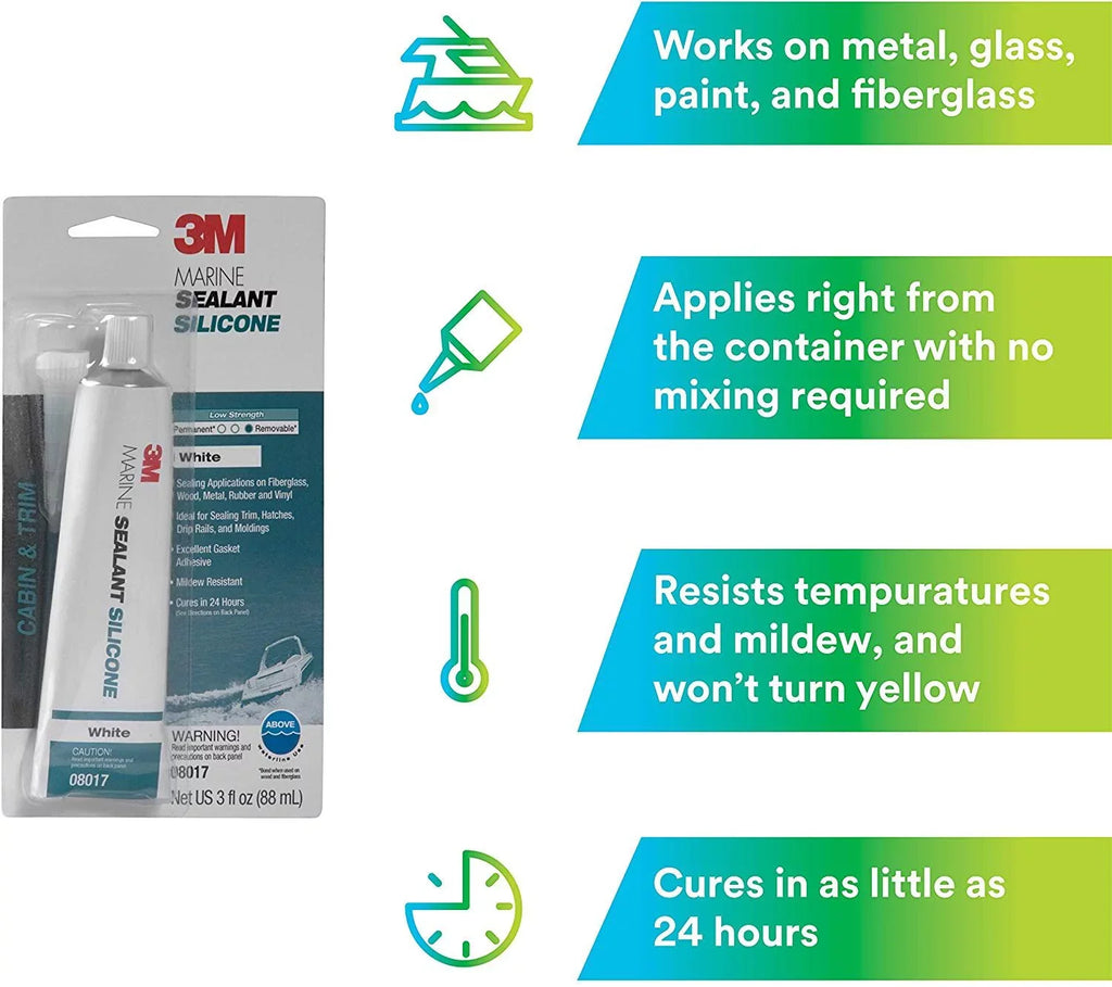 3M Marine Grade Silicone Sealant 08017  For Boats and RVs - White  3 Ounces
