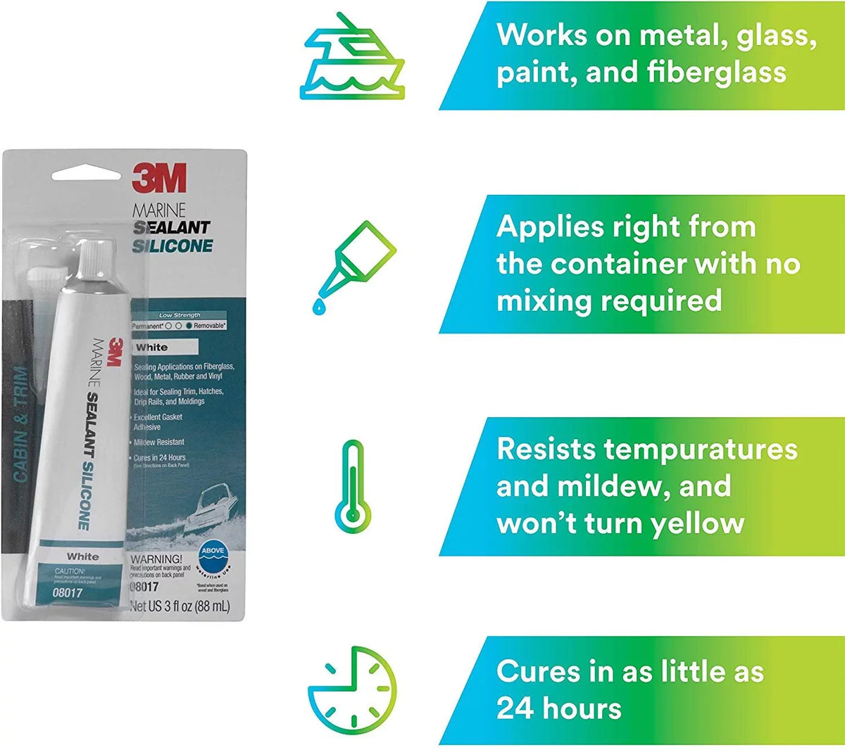 3M Marine Grade Silicone Sealant 08017  For Boats and RVs - White  3 Ounces