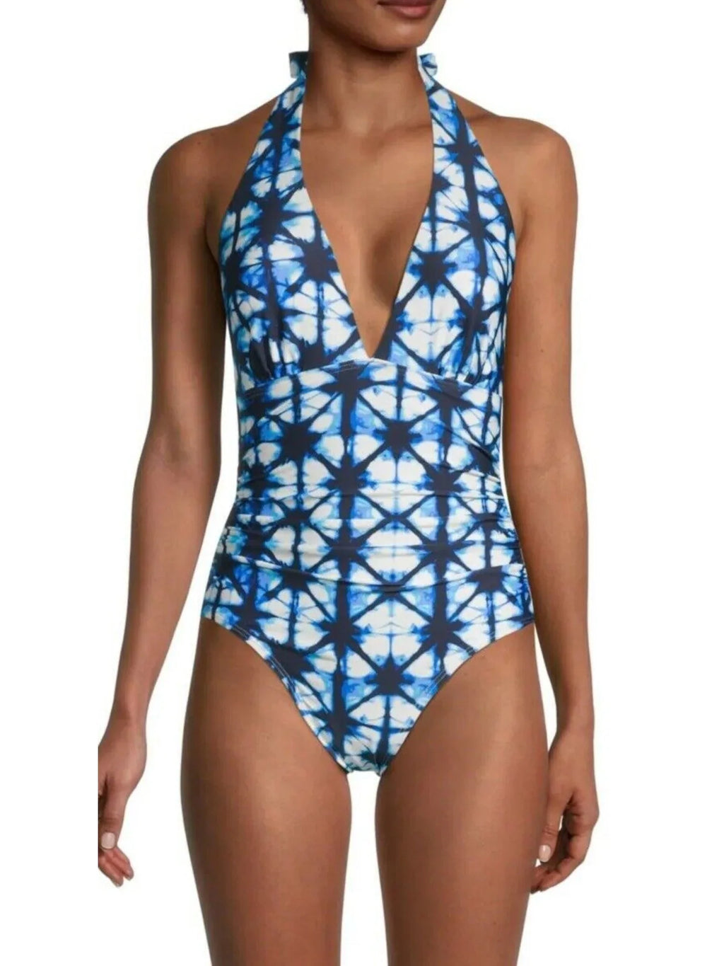 TOMMY HILFIGER Women's Navy Acid Wash Deep V Neck Shirred Halter One Piece Swimsuit 8