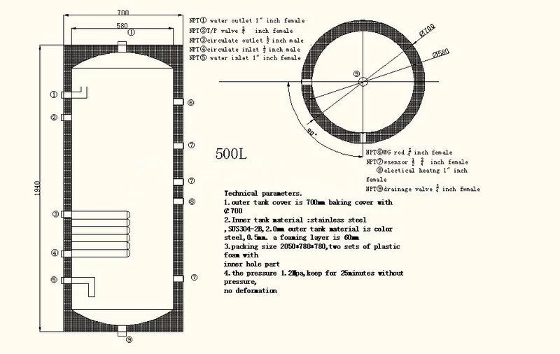500 Liter 132 Gallon Stainless Steel Solar Hot liquid Heater Tank Single Copper Coil Heat Exchanger