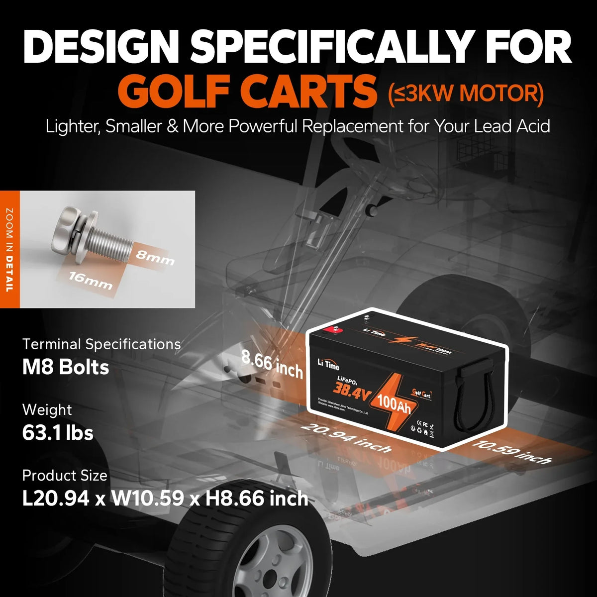 Power 7.68kW and Support 2C Discharge, Perfect for Golf Cart, RV, Trolling Motor, Lawn Mower. 15000 Deep Cycle, Max. LiTime 36V 100Ah Golf Cart LiFePO4 Lithium GC2 Battery, Built-in 200A BMS, Max