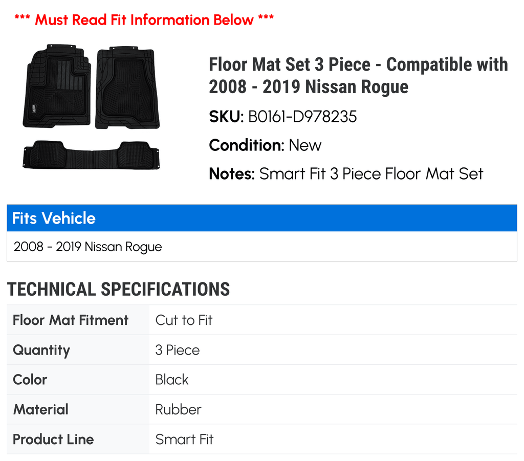 Floor Mat Set 3 Piece - suitable with 2008 - 2019 Nissan Rogue 2009 2010 2011 2012 2013 2014 2015 2016 2017 2018