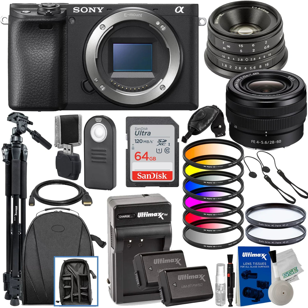 Alpha a6400 Mirrorless Digital Camera with  FE 28-60mm f/4-5.6 Lens & Ultimaxx 25mm f/1.8 Manual Lens + Deluxe Accessory Bundle: SanDisk 64GB Ultra SDXC, Lightweight 72” Tripod & Much More