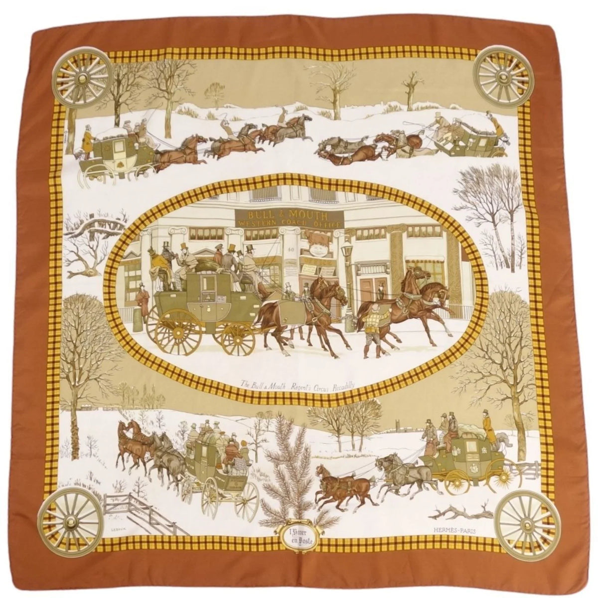 Pre-Owned HERMES Scarf Muffler Carre90 LHIVER EN POSTE Mail Coach 100% Silk Ladies Multi Color (Good)