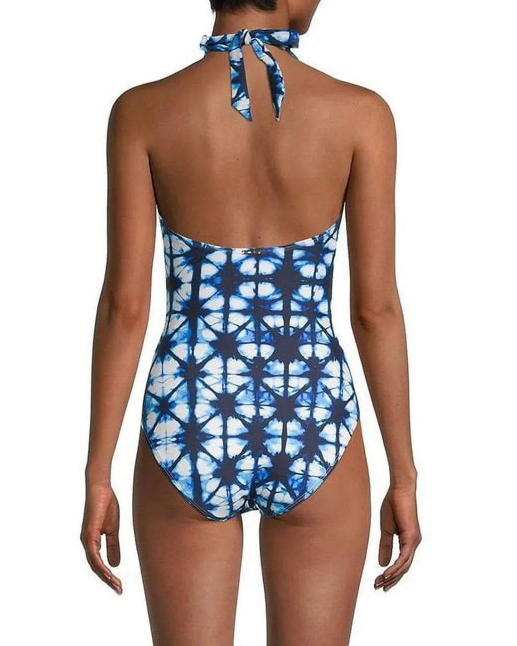 TOMMY HILFIGER Women's Navy Acid Wash Deep V Neck Shirred Halter One Piece Swimsuit 8