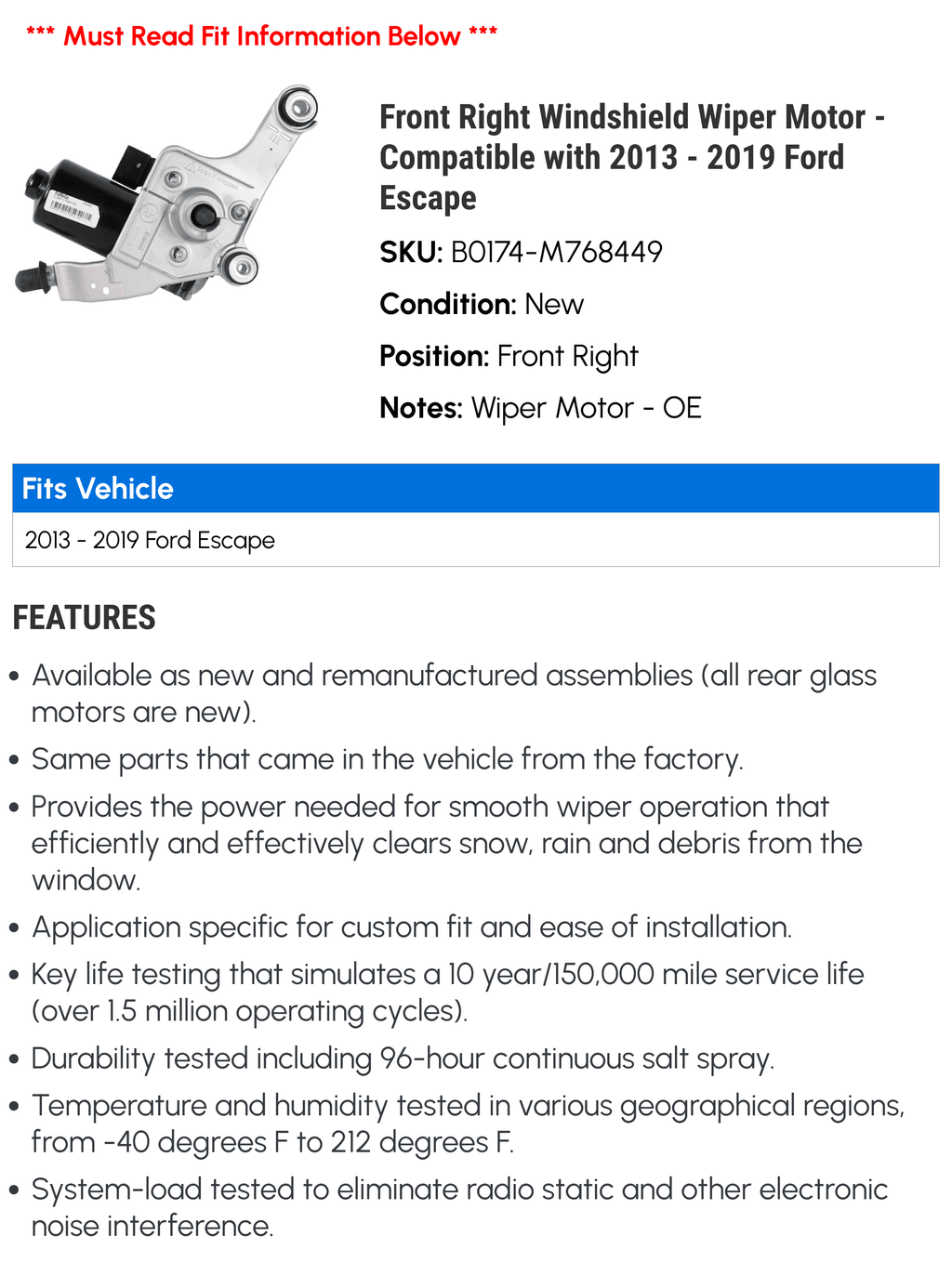 Front Right Windshield Wiper Motor - matching with 2013 - 2019  Escape 2014 2015 2016 2017 2018