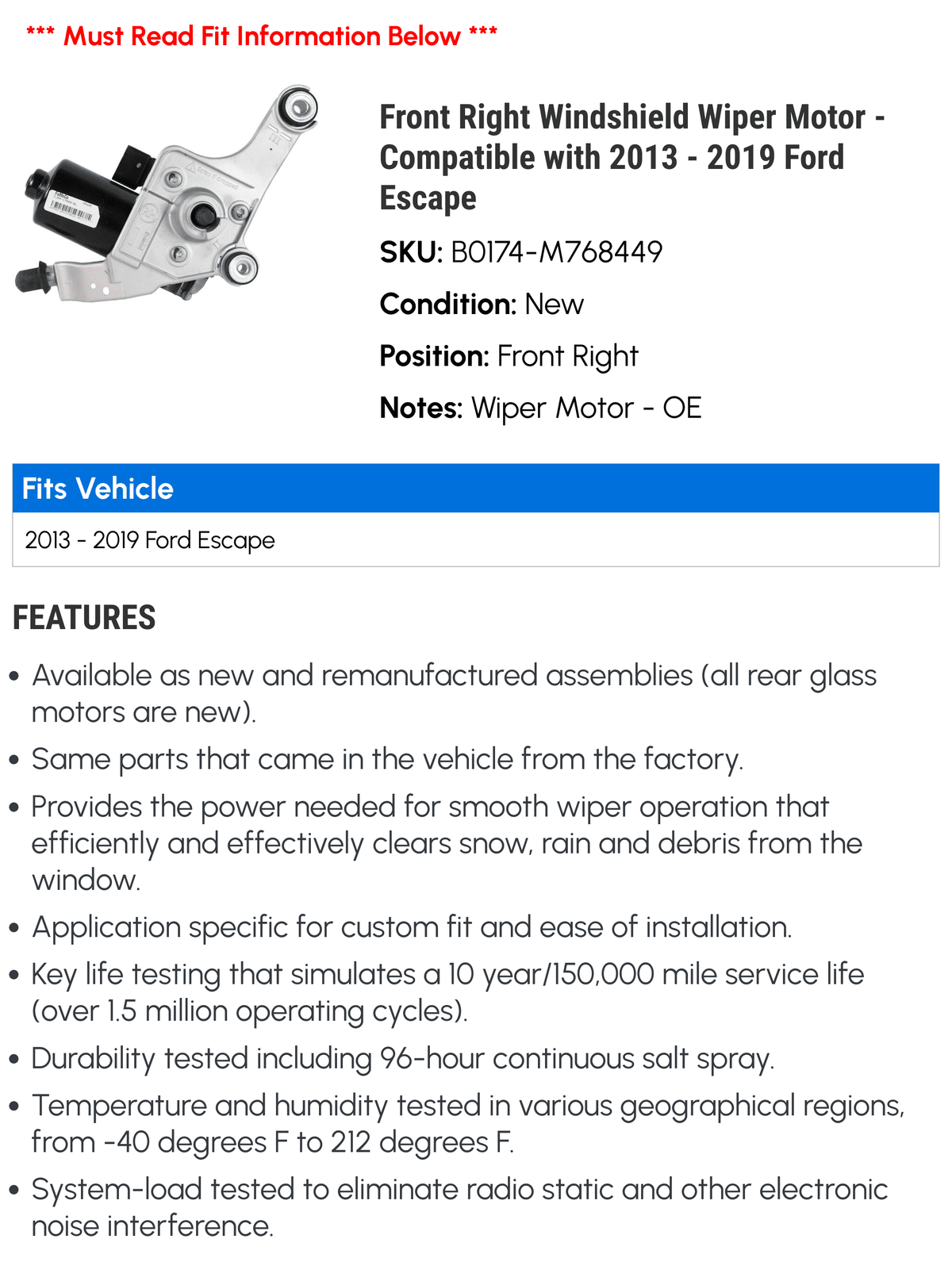Front Right Windshield Wiper Motor - matching with 2013 - 2019  Escape 2014 2015 2016 2017 2018