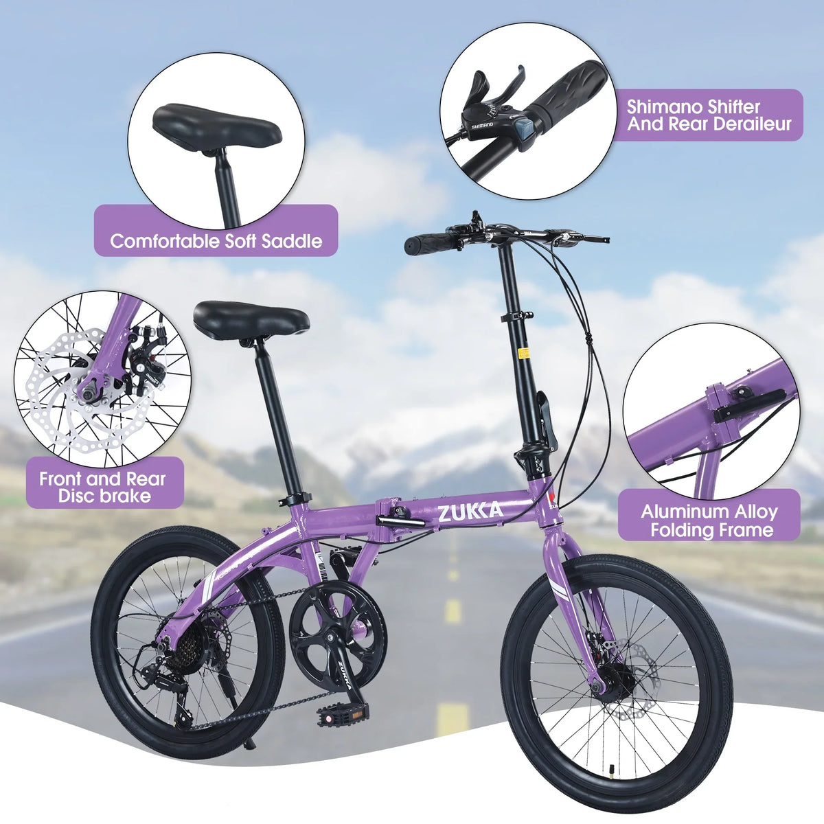 20" Folding Bike, 8 Speed City Bicycle, Aluminium Alloy Frame, Purple