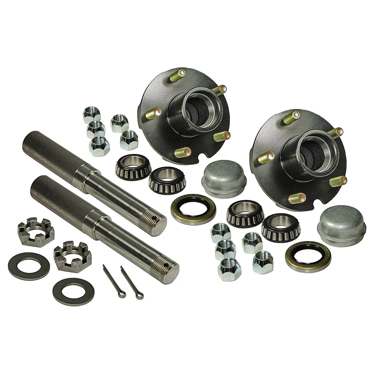 Pair of 5-Bolt On 4-1/2 Inch Trailer Hub Assemblies - Includes (2) 1-1/16 Inch Straight Spindles &amp; Bearings