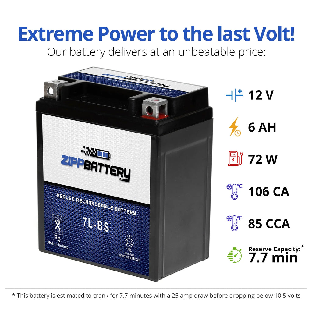 Zipp Battery YTX7L-BS (7L-BS 12 Volt,6 Ah, 75 CCA) Motorcycle Battery for Kawasaki 250cc Ex250 Ninja 1996