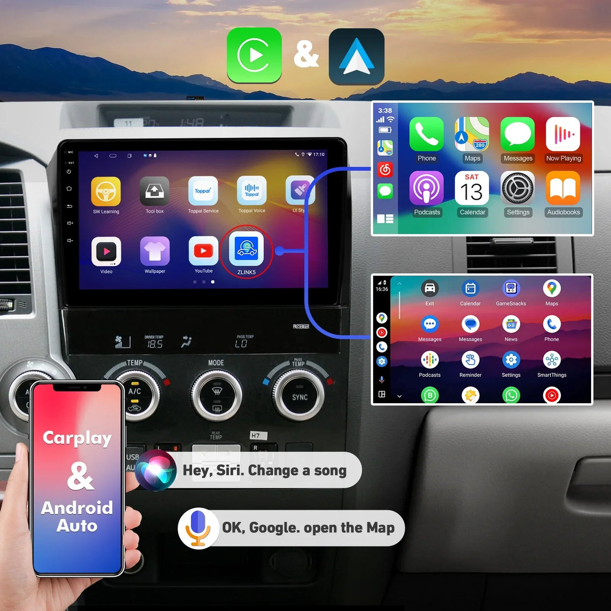 6+128G 10.1 inches Android 12 Car Stereo for  Tundra 2007-2013 & Sequoia 2008-2018 IPS Touchscreen Screen Car Radio with Carplay & Android Auto Support Backup Camera