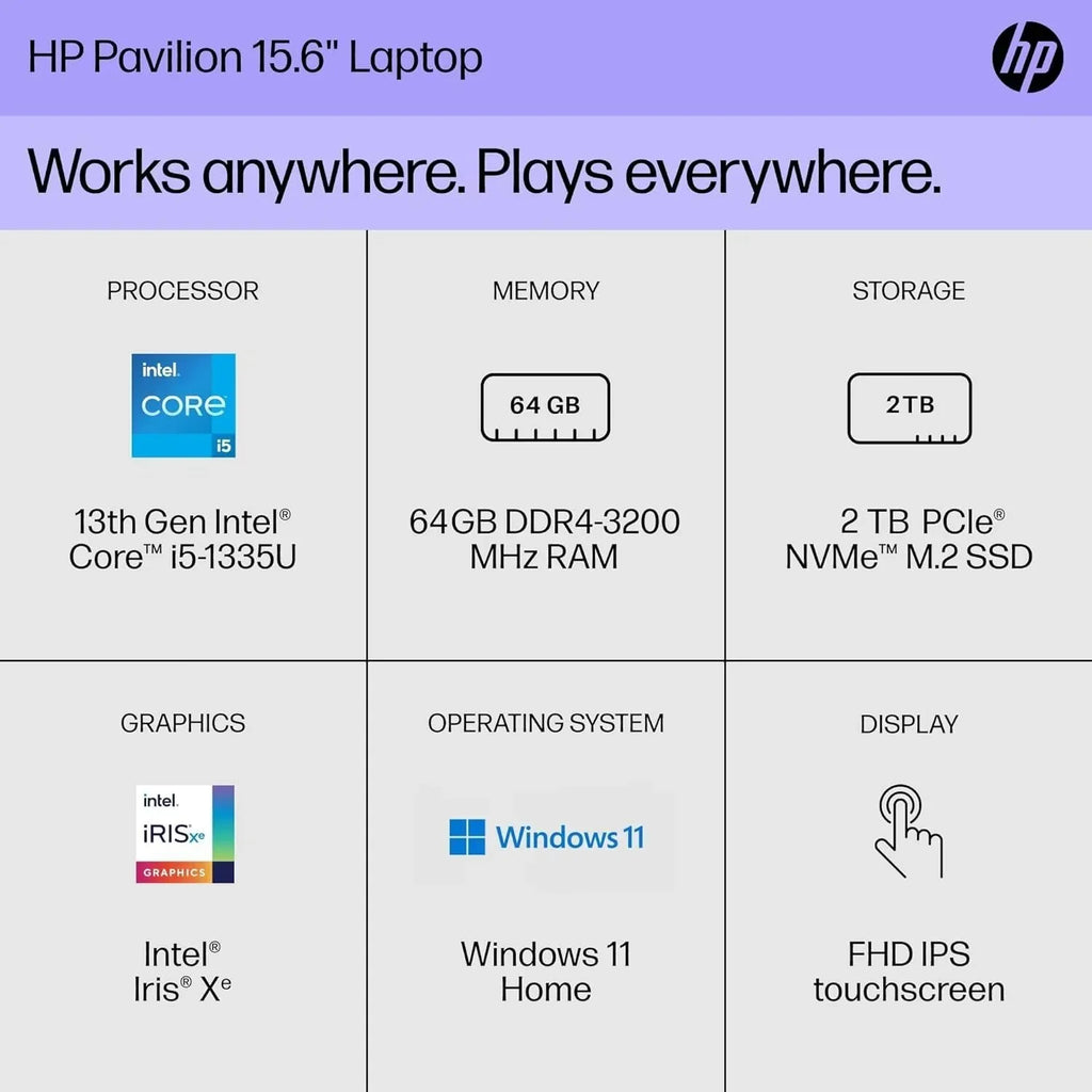 Pavilion Business Laptop, 15.6" FHD Touchscreen, 13th Gen  Core i5-1335U(Beats i7-1270P), 16GB RAM, 512GB SSD,  Iris Xe Graphic, Backlit KB, WiFi 6, Win 11, with Cefesfy Cleaning Brush