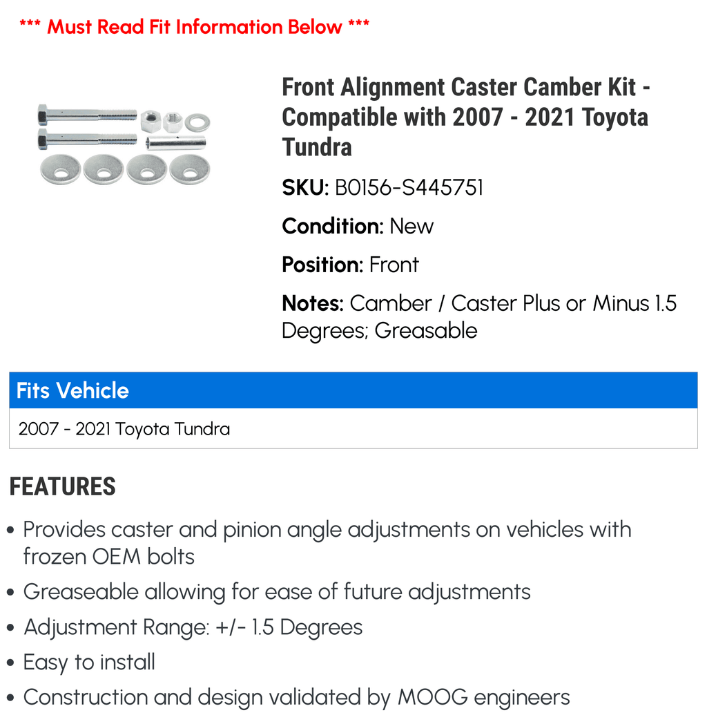 Front Alignment Caster Camber Kit - suitable with 2007 - 2021  Tundra 2008 2009 2010 2011 2012 2013 2014 2015 2016 2017 2018 2019 2020 2022