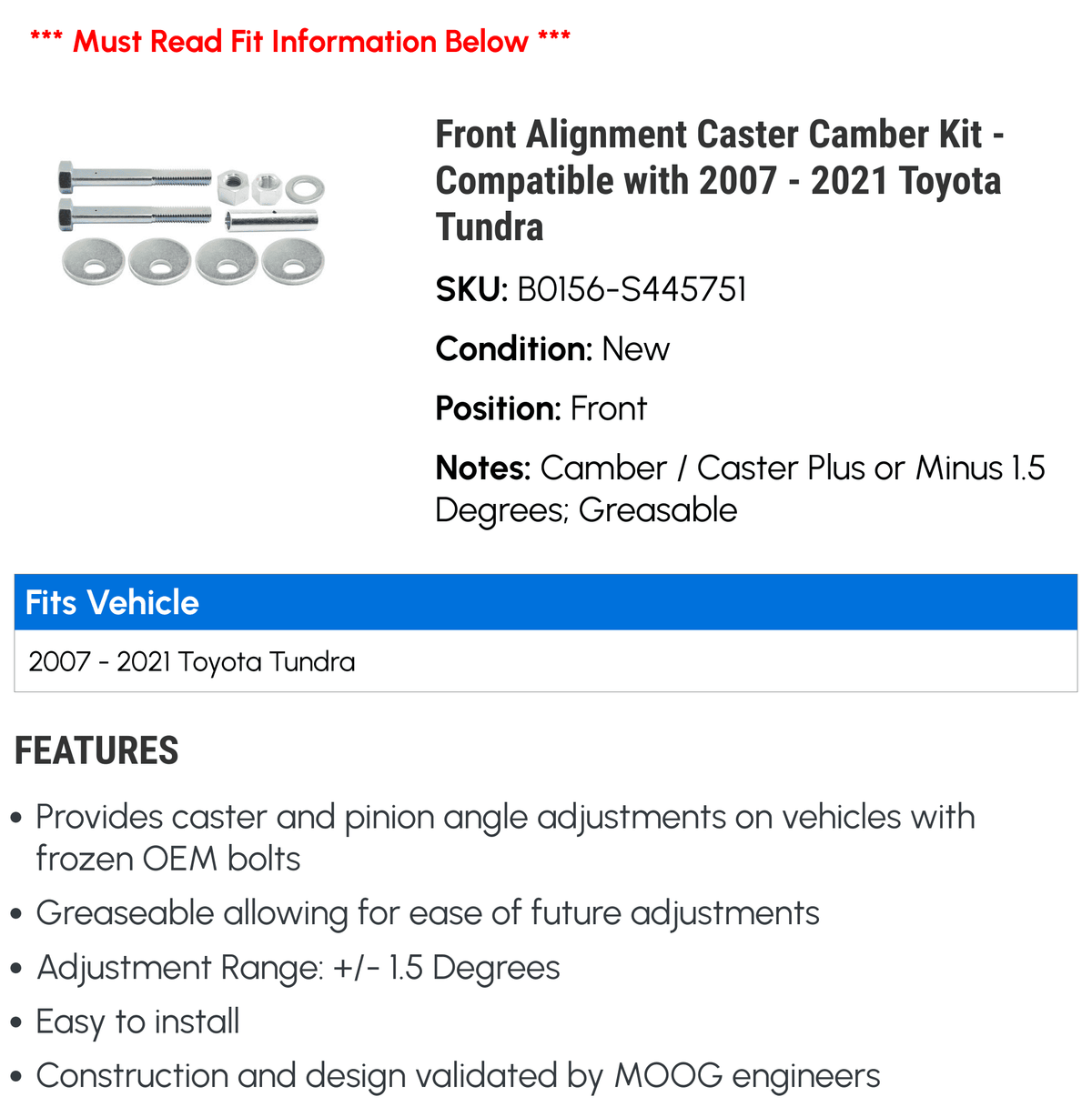 Front Alignment Caster Camber Kit - suitable with 2007 - 2021  Tundra 2008 2009 2010 2011 2012 2013 2014 2015 2016 2017 2018 2019 2020 2022