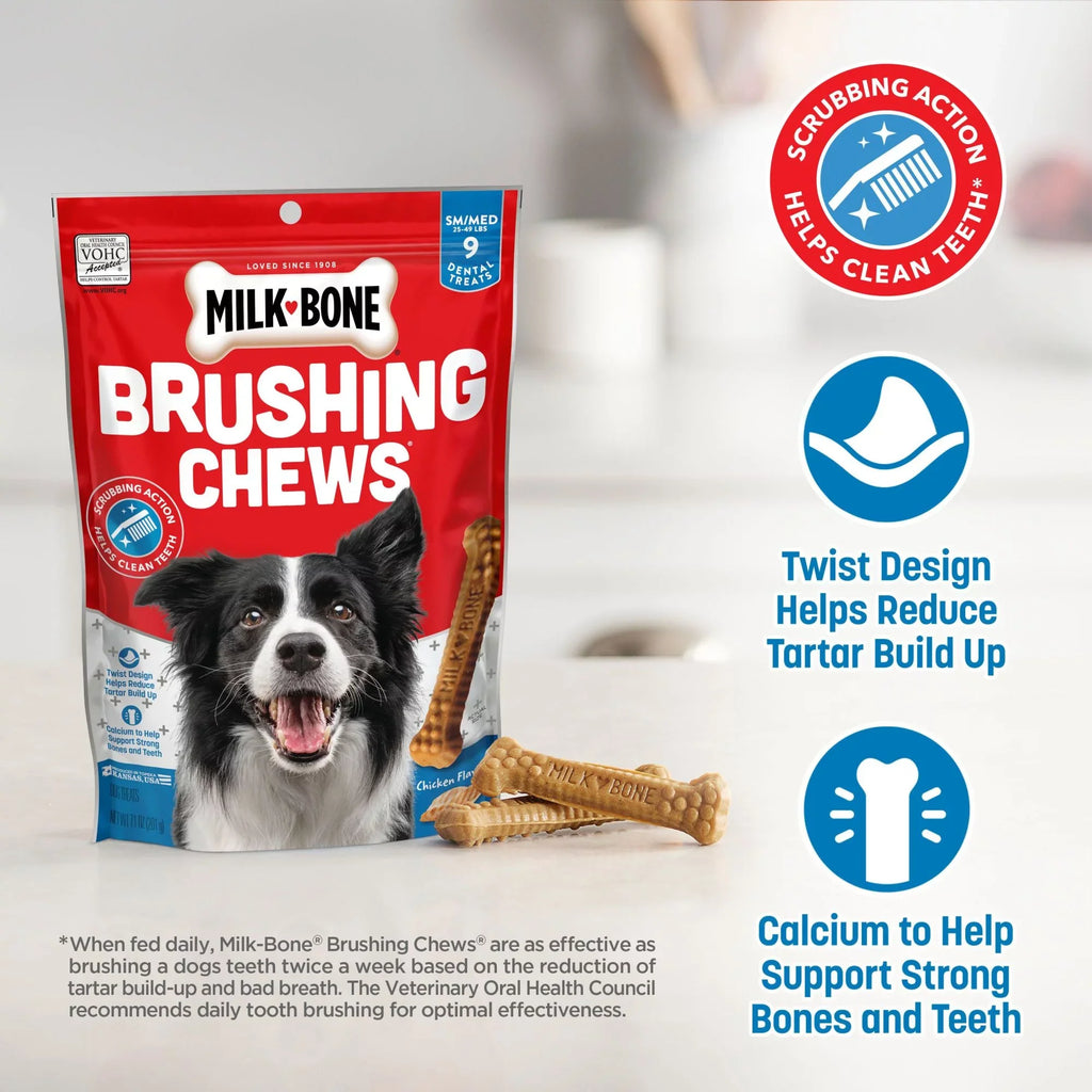 Bag, 25 Bones Per Bag. Milk-Bone Brushing Chews Daily Dental Dog Treats, Small/Medium, 19.6 Oz
