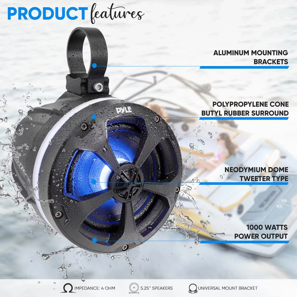 Pyle 5.25 In 1,000 Watt 2 Channel Waterproof Off Road craft and ATV Speakers
