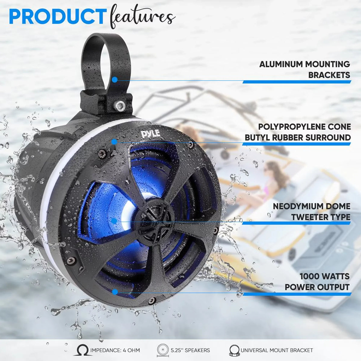 Pyle 5.25 In 1,000 Watt 2 Channel Waterproof Off Road craft and ATV Speakers