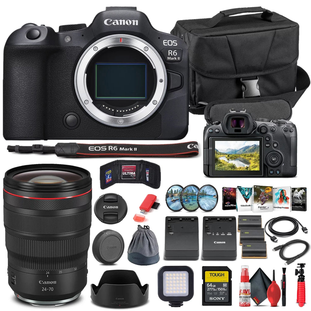 EOS R6 Mark II Mirrorless Camera (5666C002) +  RF 24-70mm Lens + 64GB Memory Card + Case + Corel Photo Software + 2 x LPE6 Battery + External Charger + Card Reader + More