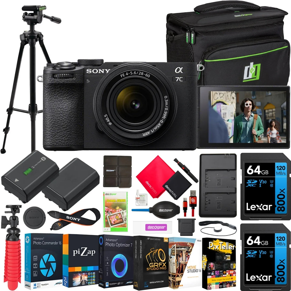 a7C II Full Frame Mirrorless Camera Body with 28-60mm F4-5.6 Lens Black ILCE-7CM2L/B Bundle with Deco Gear Photography Bag Case + Extra Battery + Charger + Tripod + Software Kit & Accessories