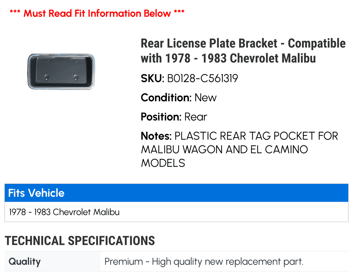 Rear License Plate Bracket - matching with 1978 - 1983 Chevy Malibu 1979 1980 1981 1982