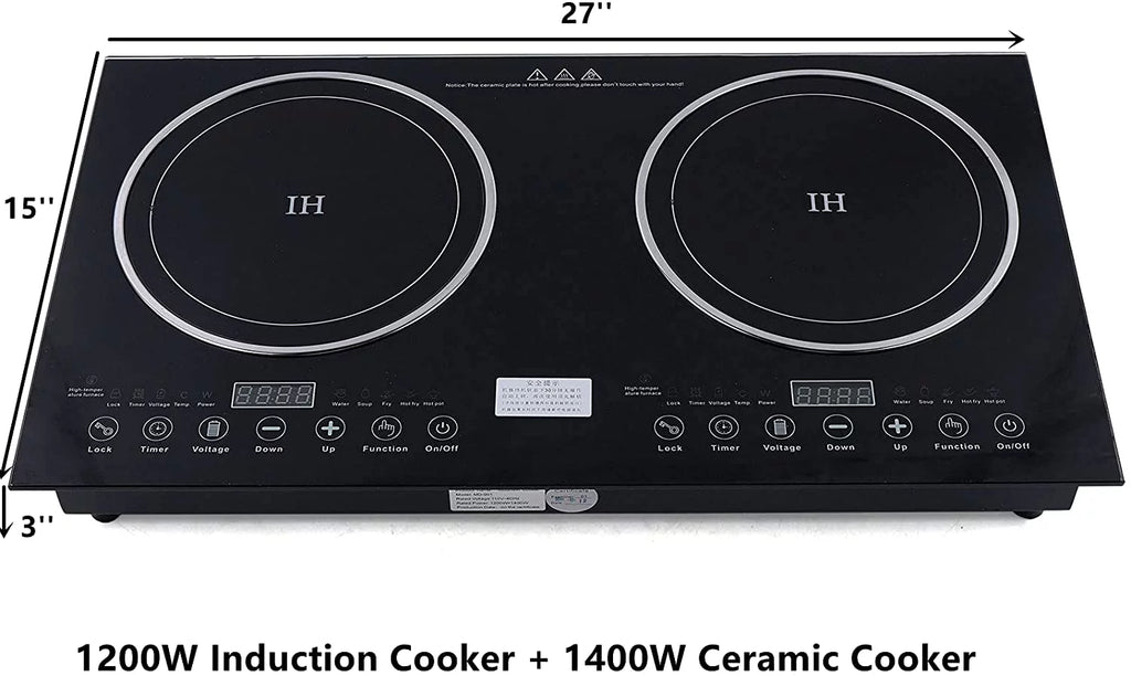 ANQIDI Portable Dual Cooktop 1200W Cooker+1400W Ceramic Cooker Countertop Burner Digital Touch Sensor Stove