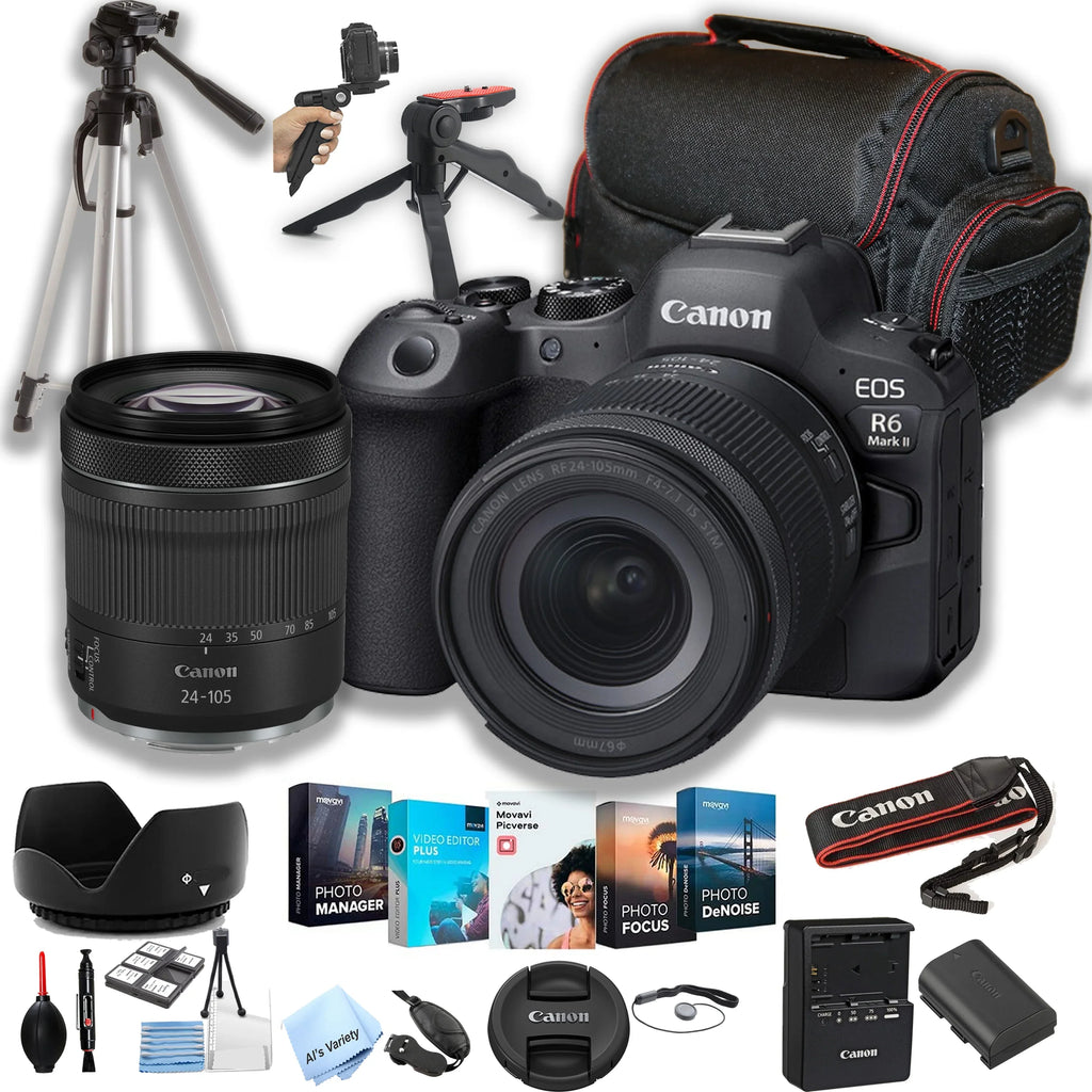 EOS R6 Mark II Mirrorless Digital Camera with RF 24-105mm f/4-7.1 STM Lens  + 64GB Memory + Case+ Steady Grip Pod + Tripod+ Software Pack + More (30pc Bundle)