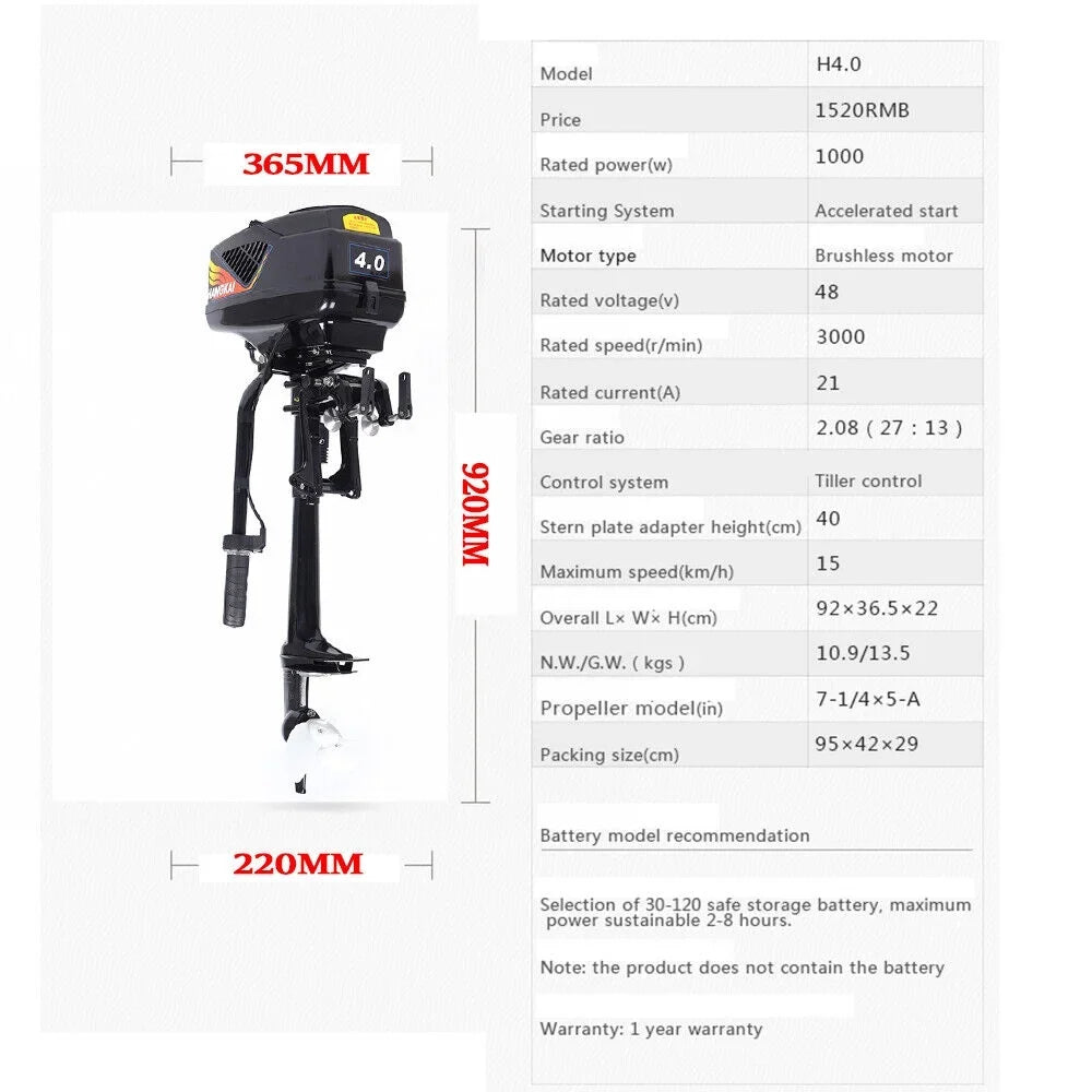 48V 1000W Electric Outboard Trolling Motor Outboard Motor Fishing vessel Engine Short Shaft